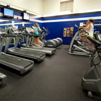 Students using cardio machines including a stationary bike and treadmill